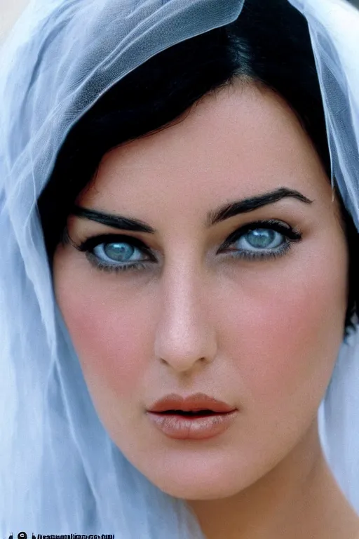 Prompt: young arab Monica Bellucci, blue eyes, long wavy black hair, white veil, closeup, focus face, colored, middle eastern