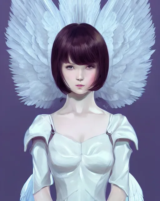 Image similar to ilya kuvshinov. an infinitely detailed portrait of a frail and pale female peace angel elegantly. fully - clothed full - body, beautiful! scenery art!! coherent! by wlop. victorian armor trim, cold color palette, artstation / pixiv!! elegantly armored angel portrait full - body, dreamy art