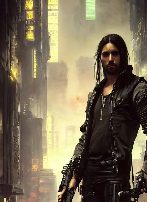 Prompt: long hair vampire. cyberpunk mercenary in a military vest ( blade runner 2 0 4 9, cyberpunk 2 0 7 7 ). orientalist portrait by john william waterhouse and james gurney and theodore ralli and nasreddine dinet, oil on canvas. cinematic, hyper realism, realistic proportions, dramatic lighting, high detail 4 k