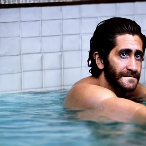 Image similar to cinestill of Jake Gyllenhaal sitting in a hot tub in the movie Waiting for Kristin