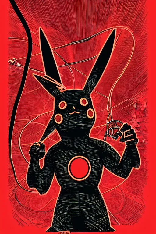 Pikachu Cyborg in Red surrounded by cables, 19th, Stable Diffusion