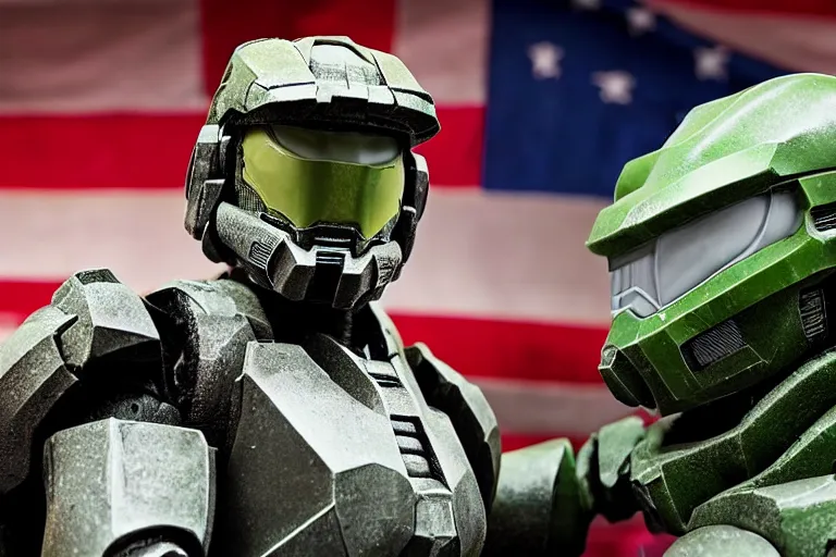 Prompt: diorama effect photo of master chief at a trump rally