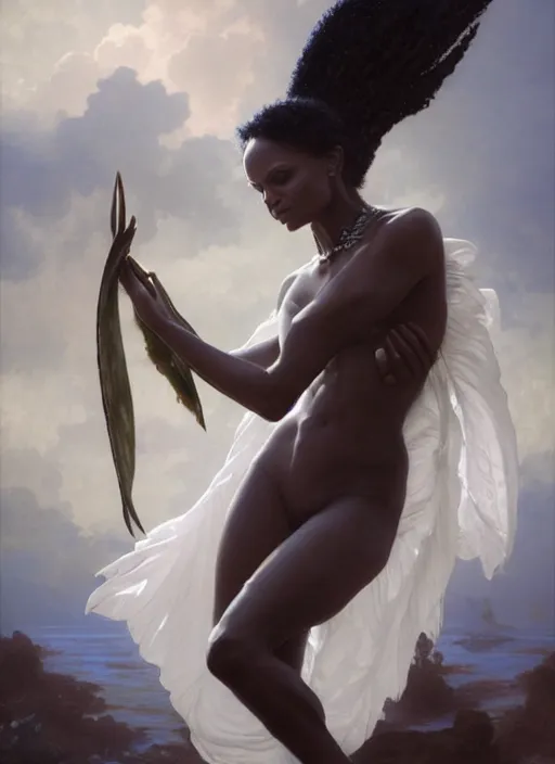 Image similar to dramatic upper body portrait of Thandie Newton as a dark-skinned la sirene Haitian mermaid goddess by Ruan Jia and Mandy Jurgens and Artgerm and william-adolphe bouguereau, underwater, white sheer fabric, white lilies, shells, mirrors, marvel comics, intricate, highly detailed, smooth, artstation, digital illustration by julie bell and Ruan Jia and Mandy Jurgens and Artgerm and William Adolphe Bouguereau and John Collier and Greg Rutkowski and Frank Frazetta