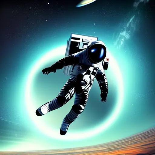 Prompt: beautiful digital art of an astronaut floating outside of a large cruiser spaceship with fine greeble detail in space in a armored black space suit, planets and a black hole visible in the background