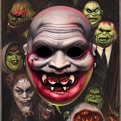 Image similar to monster makeup mask grinning one-eyed grimpunk vile reprobate portrait portrait Cyclops Cyclops Polyphemus shrek with tombow norman rockwell greg rutkowski frank frazetta alexandre briclot Dave Dorman splatterpaint