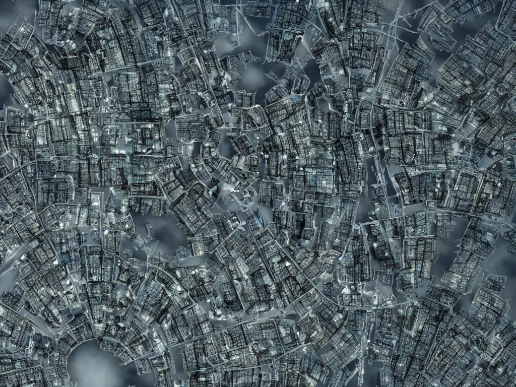 Image similar to satellite photo of a futuristic advanced alien city, detailed, 4 k