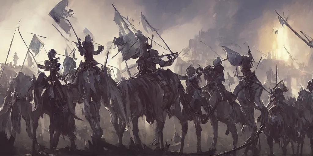 Image similar to army of powerful medieval knights holding spears and flags on horses by makoto shinkai, nier automata environment concept artstyle, greg rutkowski and krenzcushart