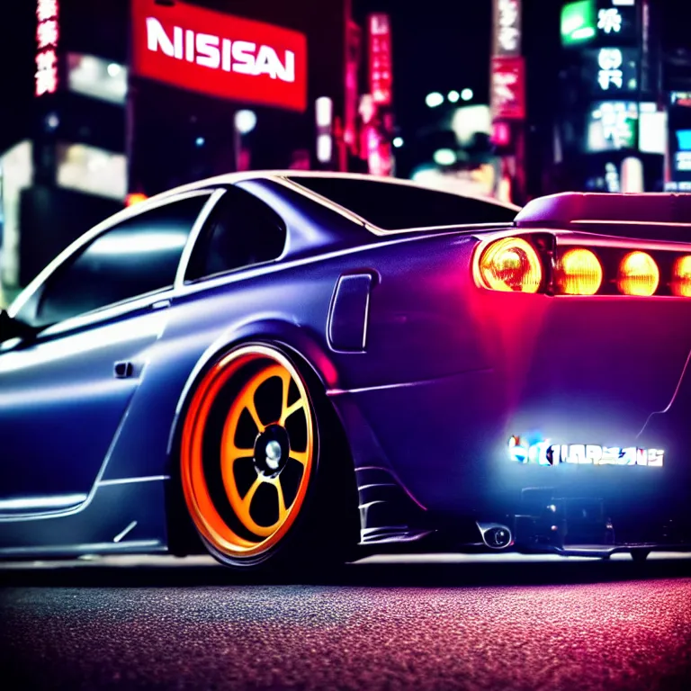 Image similar to close-up-photo Nissan 2000GTS turbo illegal roadside night meet, work-wheels, Shibuya Shibuya, cinematic colors, photorealistic, highly detailed, night photography