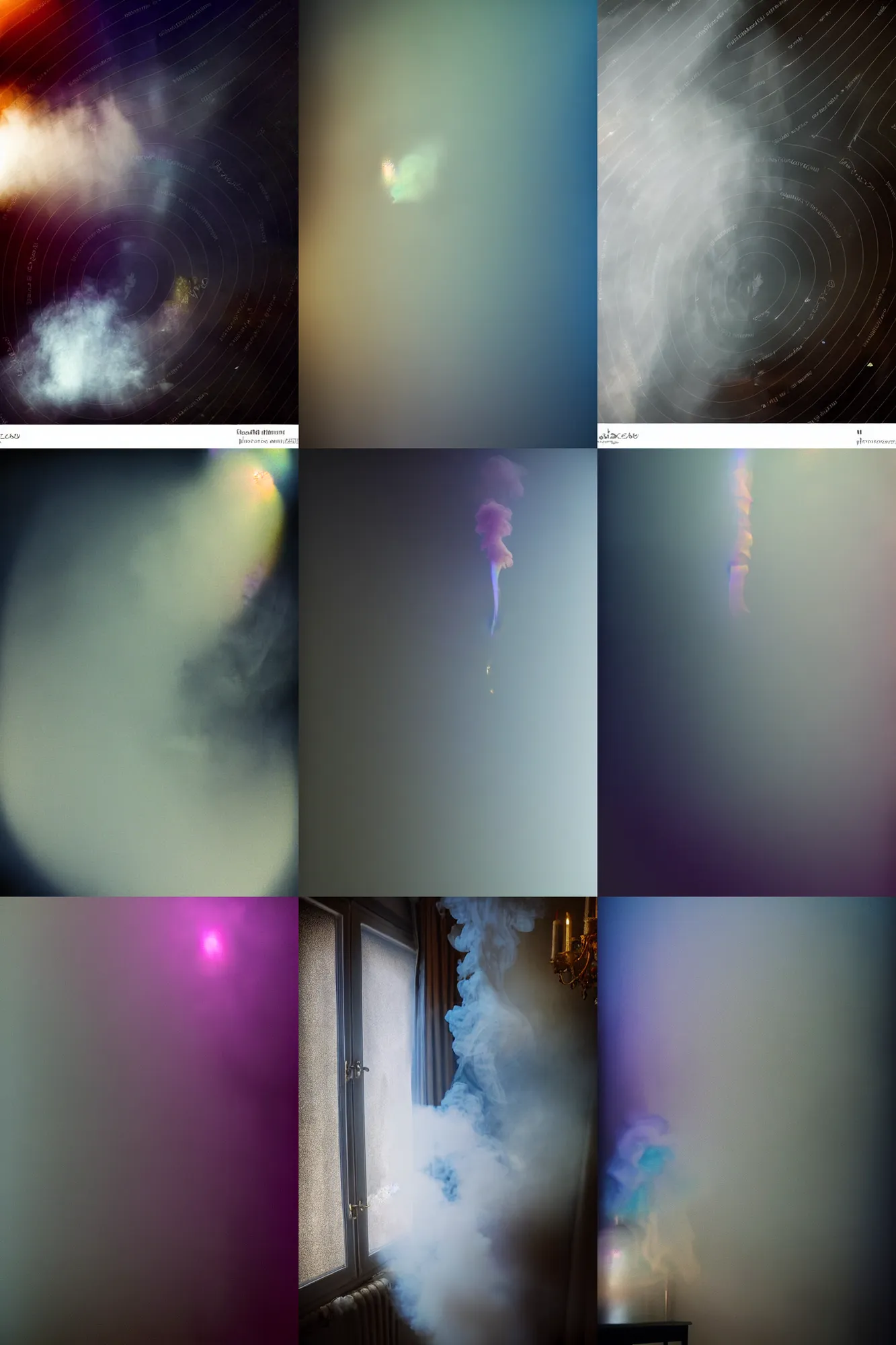 Prompt: telephoto 7 0 mm f / 2. 8 iso 2 0 0 smoke iridescence refraction dust atmosphere volumetric photograph depicting chrysalism in a cosy dark cluttered french apartment