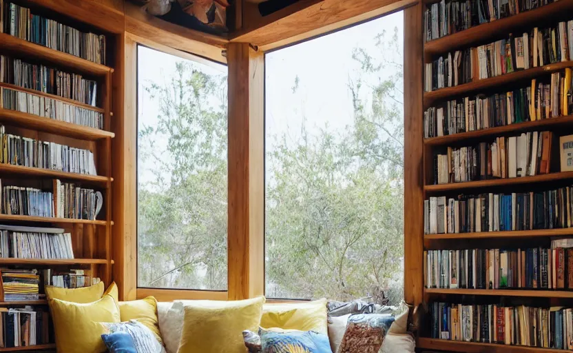 Prompt: interior desing magazine photo of a big window with a wooden frame to sit on, some sandy yellow pillows, there are just a few books and plants on a small integrated shelf, great architecture, ambient light, 8k