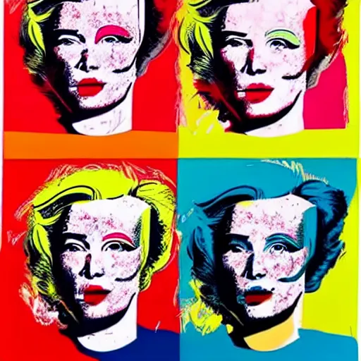 Image similar to silkscreen and lithography to create colorful cyborgs in the style of andy warhol