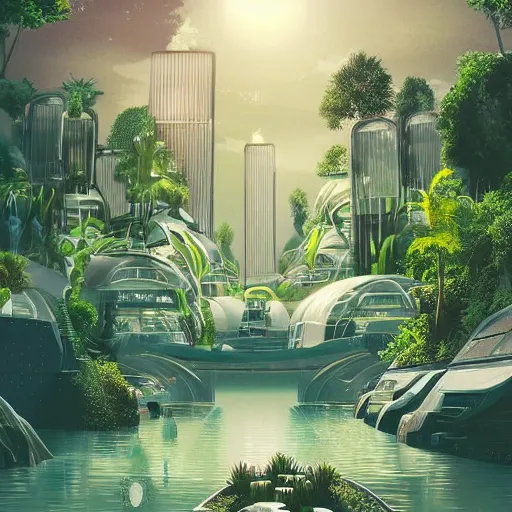 Image similar to beautiful happy picturesque charming organic futuristic sci - fi city in harmony with nature. water and plants. beautiful light. grainy and rough. soft colour scheme. beautiful artistic vector graphic design by lurid. ( 2 0 2 2 )