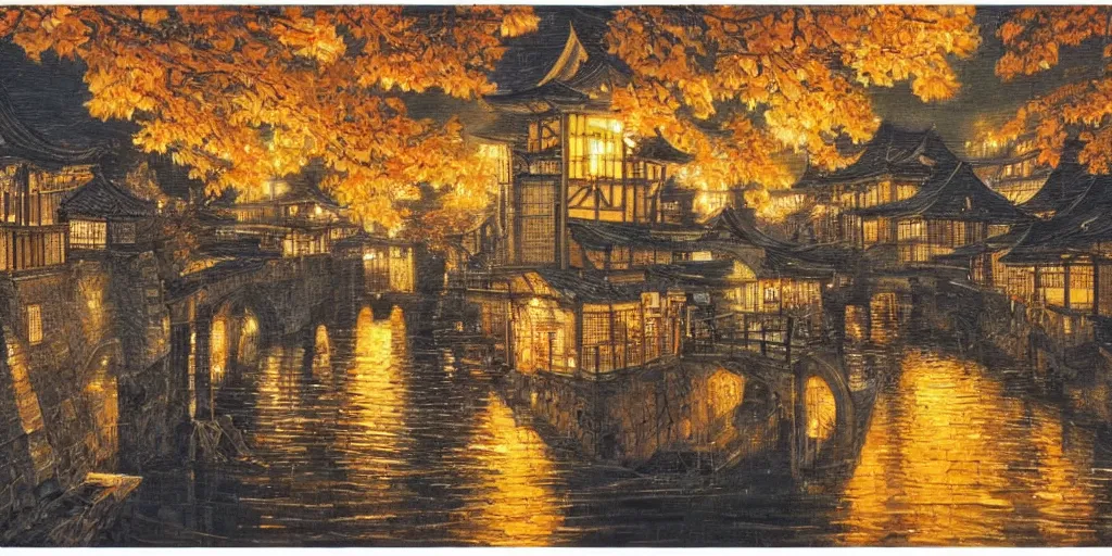 Image similar to a japanese medieval town during autumn at night, painting, beautiful, award winning masterpiece