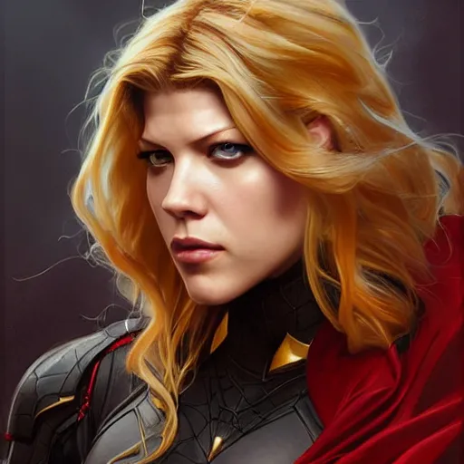 Image similar to beautiful Katheryn Winnick as Spider-Woman, western, closeup, D&D, fantasy, intricate, elegant, highly detailed, digital painting, artstation, concept art, matte, sharp focus, illustration, art by Artgerm and Greg Rutkowski and Alphonse Mucha