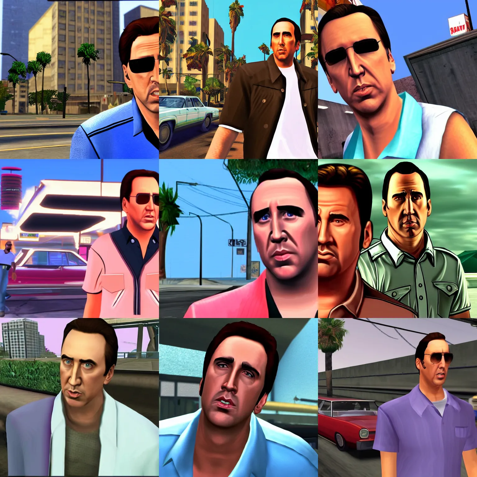 Prompt: nicholas cage as the protagonist of gta vice city, screenshot