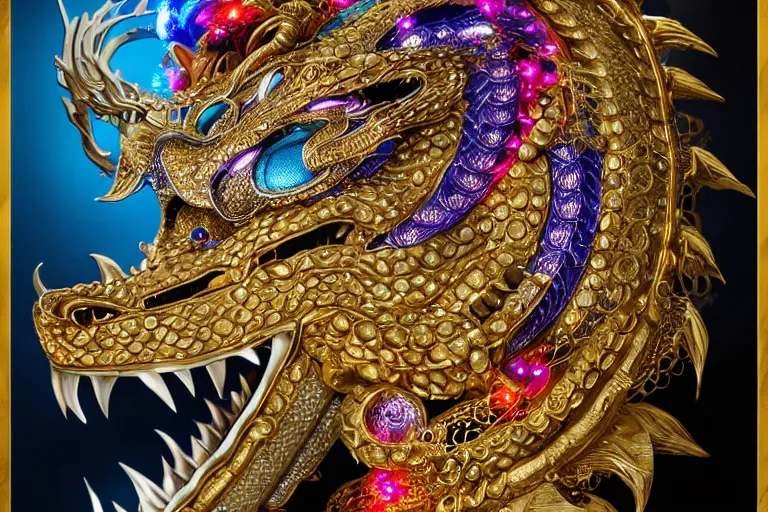 Prompt: cinematic closeup portrait of a gold and silver chinese dragon intricately decorated with colorful jewels, detailed textures, nighttime city lights, strong bokeh, dramatic lighting, unreal engine, cgsociety, artstation, 4k