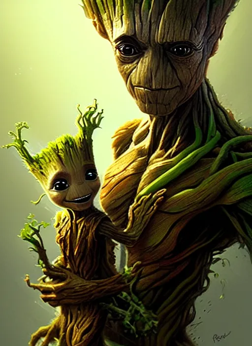 Image similar to very detailed masterpiece painting of groot holding yoda, portrait, artstation, concept art by greg rutkowski