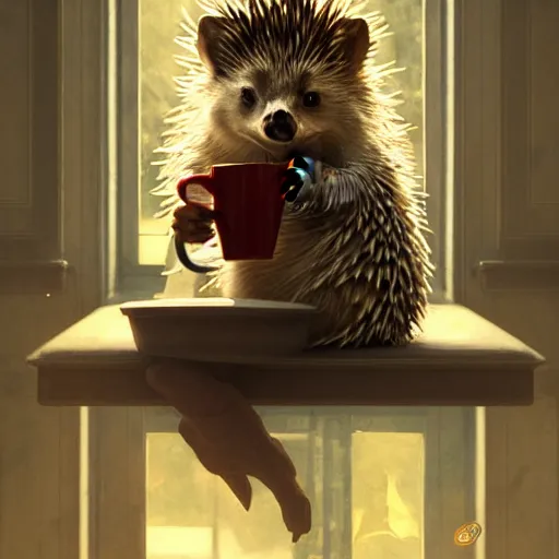 Image similar to photorealistic render of a hedgehog drinking coffee in the morning, by wlop, artgerm, greg rutkowski, alphonse mucha, beautiful dynamic dramatic dark moody lighting, shadows, cinematic atmosphere, artstation, concept design art, octane render, 8 k