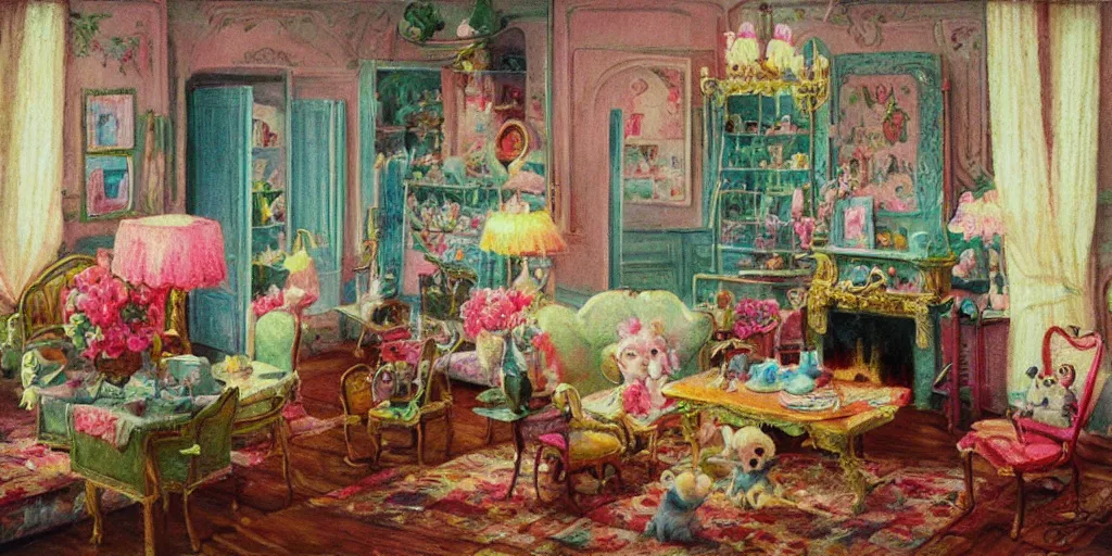 Prompt: 3 d littlest pet shop animal, sitting on pillows, fruit, decadence, parlor, sitting room, czech republic perfume bottles, delectable delights, sugar, powdered sugar, pastels, dream, master painter and art style of noel coypel, art of emile eisman - semenowsky, art of edouard bisson