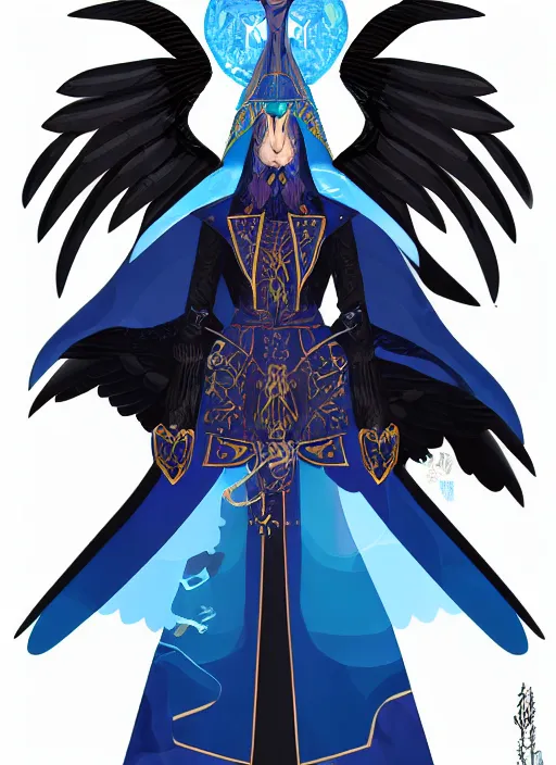 Image similar to hawk and raven headed warlock, wind magic, blue robes, exquisite details, full body character design on a white background, by studio muti