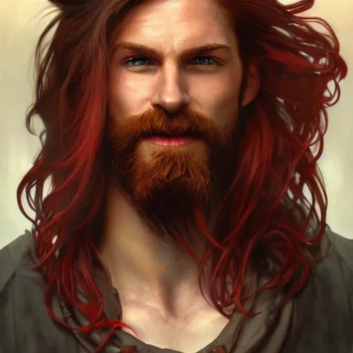 Prompt: portrait of a young ruggedly handsome but joyful pirate, male, masculine, upper body, red crimson hair, long flowing hair, fantasy, cheeky smirk, intricate, elegant, highly detailed, digital painting, artstation, concept art, matte, sharp focus, illustration, art by artgerm and greg rutkowski and alphonse mucha