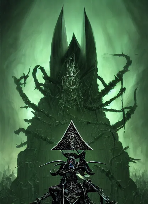 Image similar to portrait of nagash sitting atop his black pyramid, spirits of the dead, evil, grim dark, gloomy, mist, warhammer 4 0 k, onyx, intricate, elegant, evil green candles, highly detailed, digital painting, artstation, concept art, smooth, sharp focus, illustration, art by wlop, mars ravelo and greg rutkowski