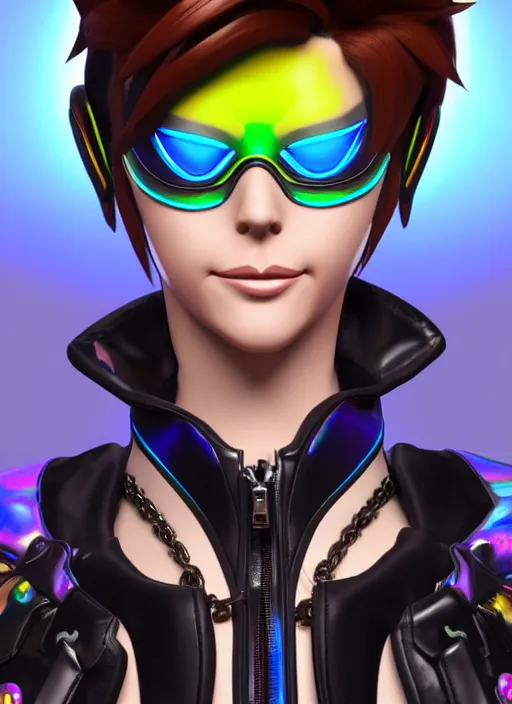 Image similar to portrait bust digital artwork of tracer overwatch, wearing iridescent rainbow latex and leather straps catsuit outfit, 4 k, expressive happy face, makeup, in style of mark arian, angel wings, wearing detailed leather collar, chains, black leather harness, detailed face and eyes,