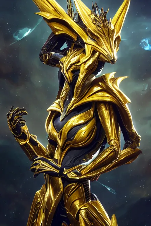 Image similar to galactic hyperdetailed elegant beautiful stunning giantess saryn prime anthropomorphic mecha female dragon goddess, sharp spines, sharp metal ears, sleek yellow eyes, smooth gold skin, smooth gold armor, bigger than galaxy, epic proportions, epic scale, epic size, warframe destiny fanart, furry, dragon art, goddess, giantess, furaffinity, octane render