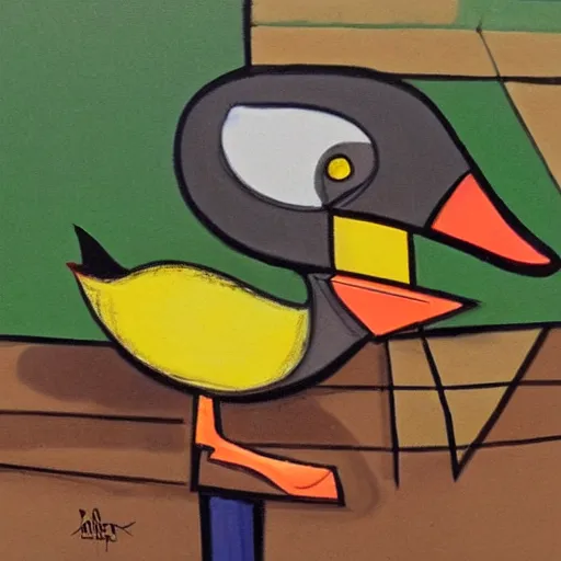 Image similar to a realistic duck walked up to the cubist lemonade stand