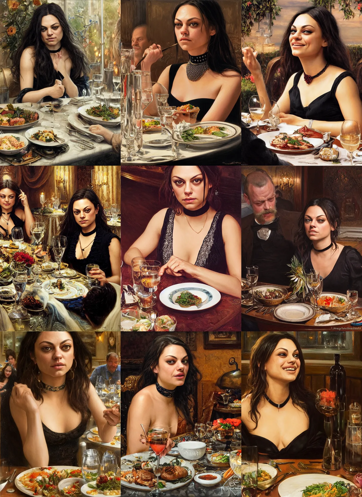 Image similar to dinner with mila kunis laughing sitting across the camera wearing a black choker staring into the camera in an expensive restaurant, point of view, intricate, elegant, tasteful, highly detailed, shallow depth of field, artgerm, donato giancola, joseph christian leyendecker