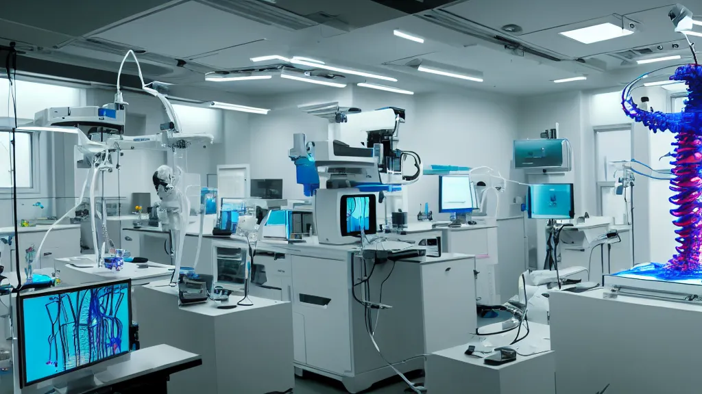 Image similar to a complex bifurcated surgical arm hybrid mri 3 d printer machine making colorful mutant forms with control panels in the laboratory inspection room, film still from the movie directed by denis villeneuve with art direction by salvador dali, wide lens