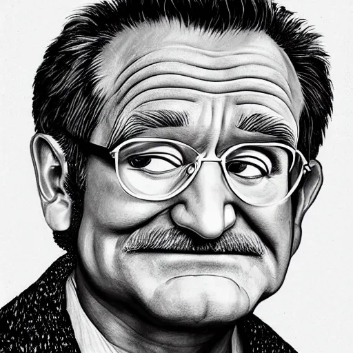 Image similar to portrait of robin williams, caricature,, mashup between mc escher and vincent van gogh