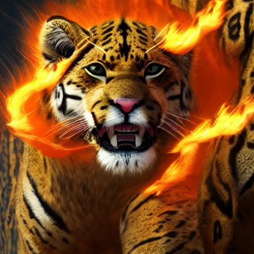 Image similar to mix of puma and jaguar and lion and tiger jumping over a cliff, giant cat monster, 8 k ultra realistic animal, detailed intricate fur, flame in the fur, full of colour, cinematic lighting, battered, trending on artstation, 4 k, hyperrealistic, focused, extreme details, unreal engine 5, cinematic, masterpiece, art by ayami kojima