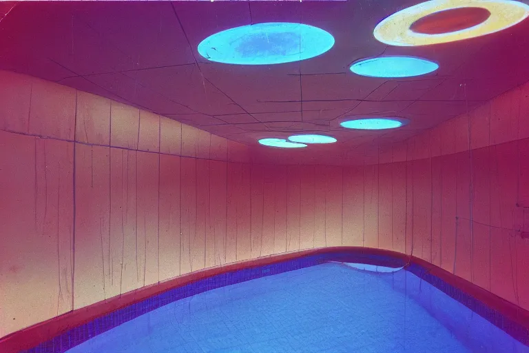 Image similar to 1 9 7 0 s found footage of an underwater space made up of a non - euclidean swimming pool portals with many entries and exits, neon color bleed, ektachrome photograph, volumetric lighting, cinematic eastman 5 3 8 4 film