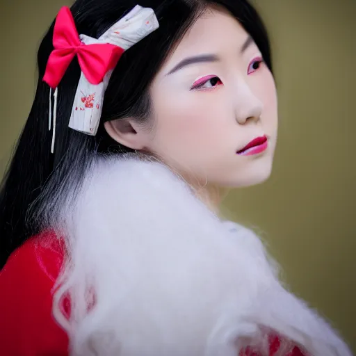 Image similar to A young long white hair Japanese princess from ancient japan wearing a red bow, (EOS 5DS R, ISO100, f/8, 1/125, 84mm, postprocessed, crisp face, facial features)