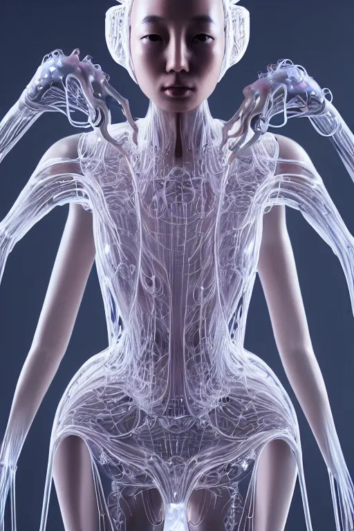 Image similar to young asian woman, iris van herpen, perfect symmetrical body, full body shot, inflateble shapes, wires, tubes, veins, jellyfish, white biomechanical details, wearing epic bionic cyborg implants, masterpiece, intricate, biopunk, vogue, highly detailed, artstation, concept art, cyberpunk, octane render