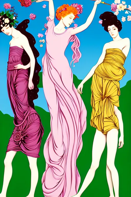 Image similar to 3 Spring Muses symbolically representing March, April, and May, in a style blending Æon Flux, Peter Chung, Shepard Fairey, Botticelli, Ivan Bolivian, and John Singer Sargent, inspired by pre-raphaelite paintings, shoujo manga, and cool Japanese street fashion, dramatically blossoming flora and fauna, petals falling everywhere, pastel vivid triad colors, hyper detailed, super fine inking lines, ethereal and otherworldly, 4K extremely photorealistic, Arnold render