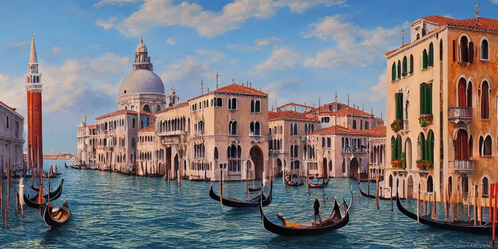 Prompt: ultra detailed and realistic painting of venice ( italy ) inspired by very beautiful cute and colored disney movie backgrounds, rendered in 8 k unreal engine