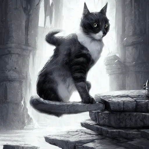 Image similar to black and white cat sorcerer, dnd fantasy digital art by Greg Rutkowski