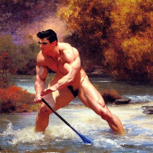 Image similar to muscular robbie amell panning for gold in a river, painting by gaston bussiere, craig mullins, j. c. leyendecker, tom of finland