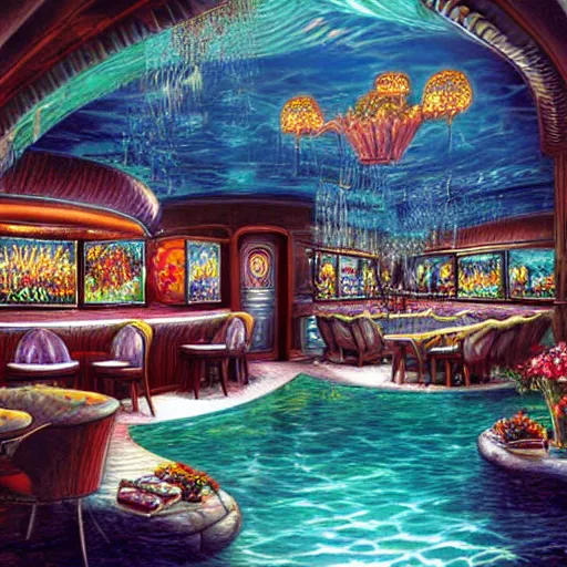 Prompt: beautiful Peter Mohrbach and Mark Keathley highly detailed illustration of an underwater art deco lounge