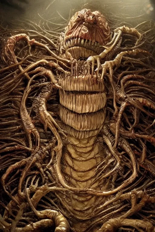 Image similar to rupert murdoch as a worm monster, photorealistic, cinematic lighting, highly detailed, very intricate, by guillermo del toro and hr giger