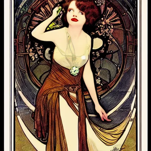 Image similar to clara bow, mucha style, art nouveau, art deco,