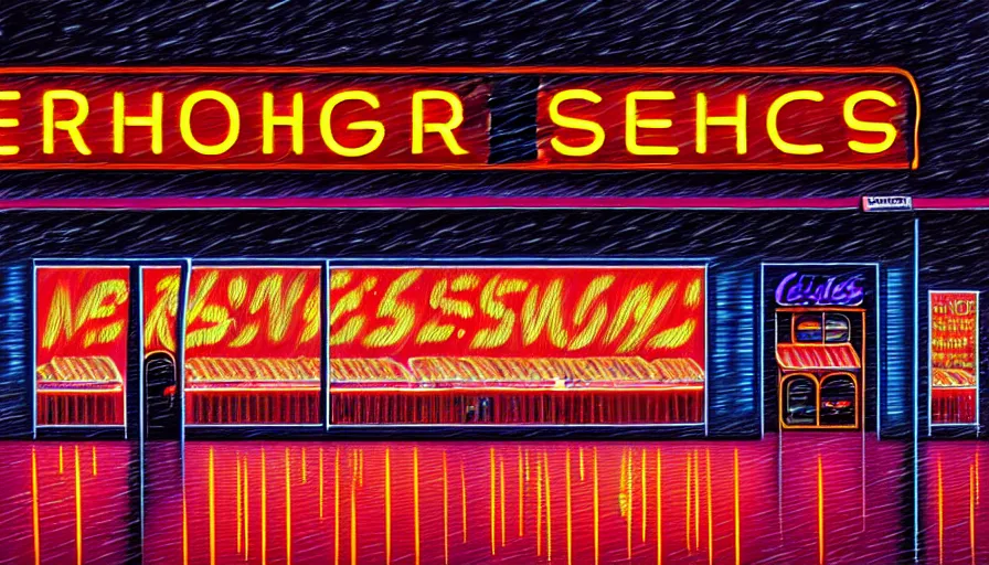 Image similar to painting of a neon sign storefront meat butcher shop, raining, busy street, cyberpunk, romantisism, outrun, synthwave, painting, detailed, by android jones