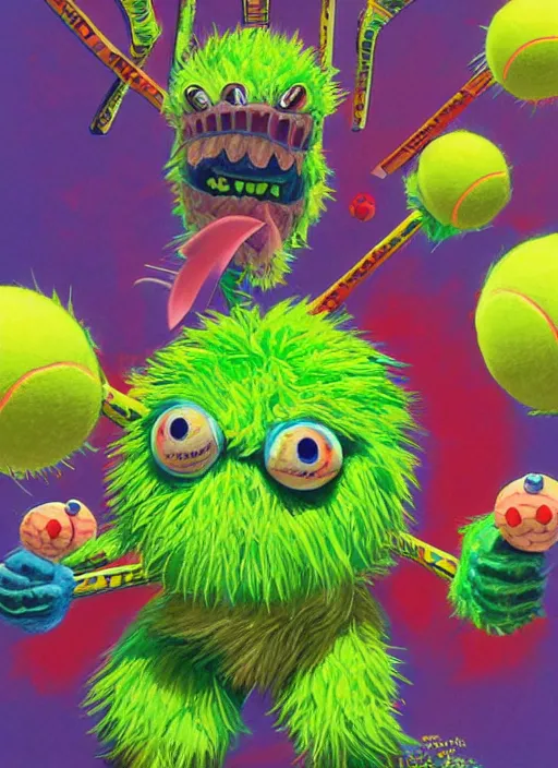 Prompt: tennis ball monsters playing tennis, a tennis ball monster ,tennis ball, colorful, digital art, fantasy,epic, magic, trending on artstation, ultra detailed, professional illustration,chalk, poster artwork by Basil Gogos , clean