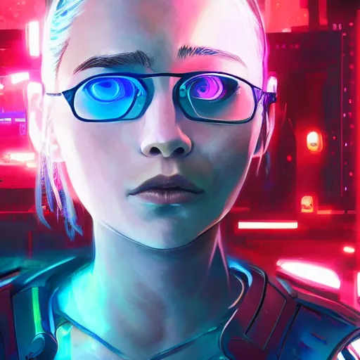 Prompt: highly detailed portrait of a young cyberpunk cyborg emilia clarke with AR glasses, wavy vibrant red hair, blue eyes, cybernetic implants, neon, by Dustin Nguyen, Akihiko Yoshida, Greg Tocchini, Greg Rutkowski, Cliff Chiang, 4k resolution, nier:automata inspired, bravely default inspired, cyberpunk background