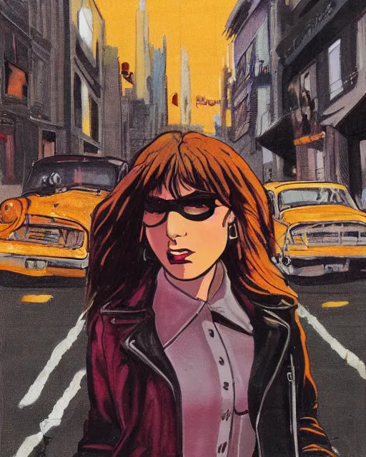 Prompt: young female protagonist in leather jacket, city street, artwork by ralph bakshi