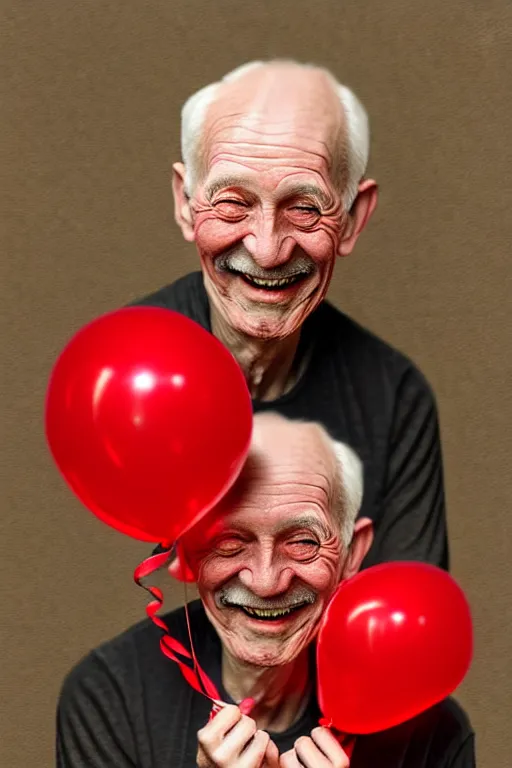 Image similar to portrait of smiling old man with red balloons, intricate and very beautiful and elegant, highly detailed, digital painting, artstation, concept art, smooth and sharp focus, beautiful render, art by tian zi and alphonse mucha and wlop