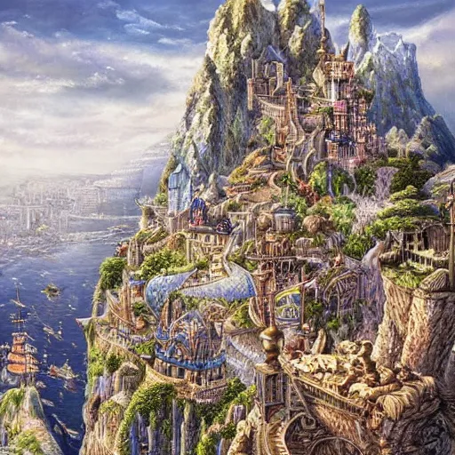 Image similar to steep cliffside medeival fantasy city, painting, intricate and detailed, hight quality