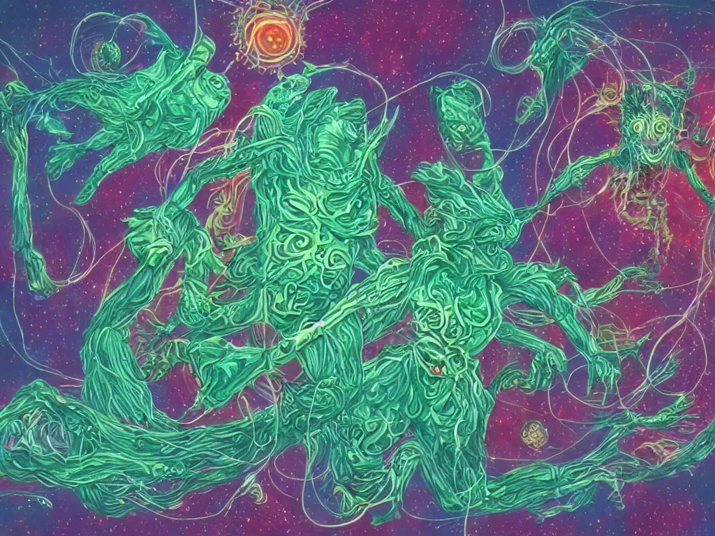 Prompt: a strange multi - dimensional creature traveling along filaments of astral tissue throughout the multiverse